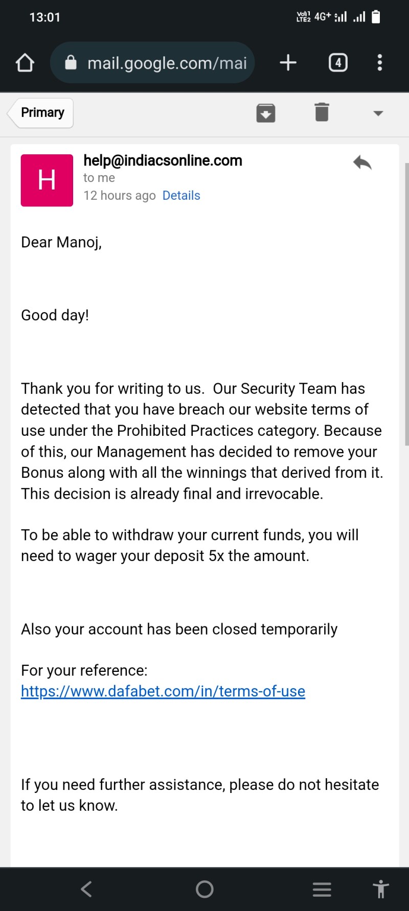 Dafabet Account Closed